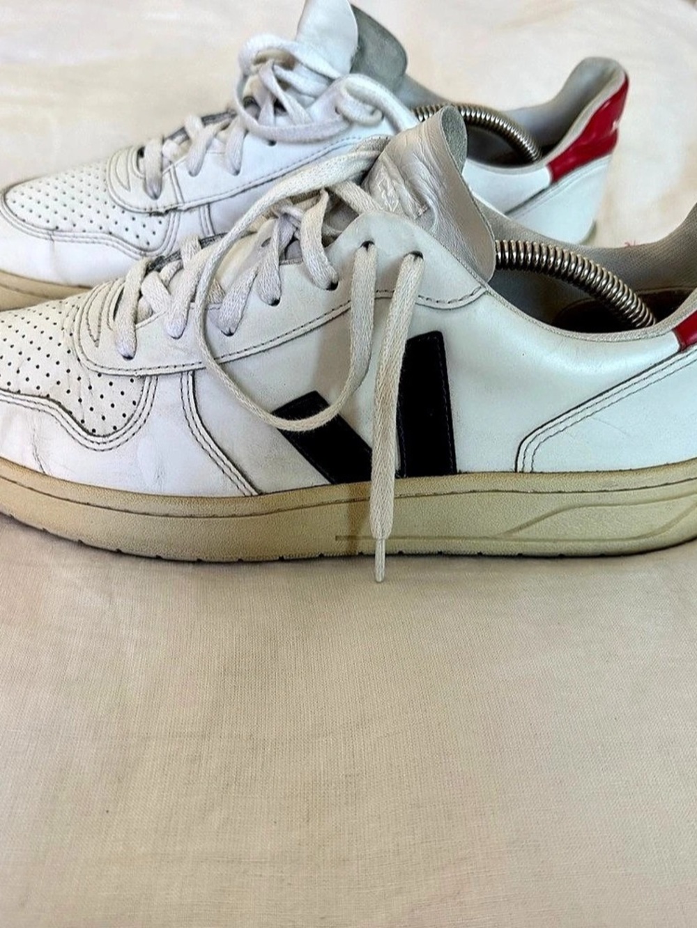 Veja V-10 Leather Sneakers in White & Red